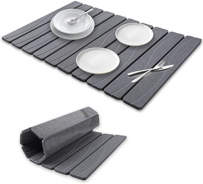 Stone Drying Mat for Kitchen Counter, 24"x16" Large Diatomaceous Earth Stone Dish Drying Mat, Fast Absorbing Foldable Quick Dry Stone Sink Mat for Dishes, Pans & Kitchen Utensils (Gray)