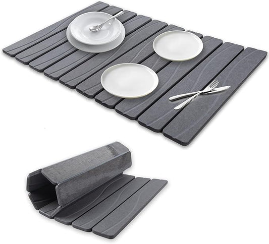 Stone Drying Mat for Kitchen Counter, 24"x16" Large Diatomaceous Earth Stone Dish Drying Mat, Fast Absorbing Foldable Quick Dry Stone Sink Mat for Dishes, Pans & Kitchen Utensils (Gray)