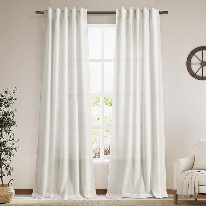 Cream Semi Sheer Curtains 96 Inches Long Back Tab Pocket Ivory Linen Living Room Curtain 2 Panel Sets Light Filtering Luxury Drapes Boho Farmhouse Room Curtains for Bedroom Aesthetic 8Ft 40x96