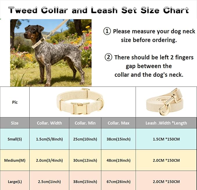 Luxury Soft Cotton Tweed Fabric Dog Collar & Leash Set with Gold Buckle – Durable Fabric, Stylish Design for Everyday Walks(Small Cream)