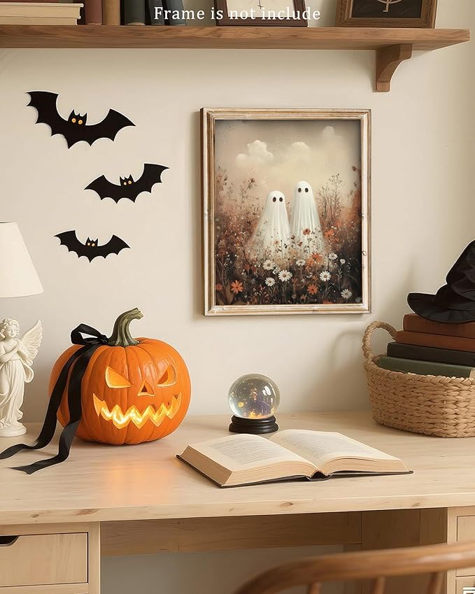 Vodefoad Vintage Cute Ghosts in Wildflower Meadow Print-Moody Autumn Decor, Cute Halloween Fall Painting, Victorian Ghost Posters Pictures for Living Room, Bedroom, Bathroom, Halloween Room decor - 8x10 Inch Unframed