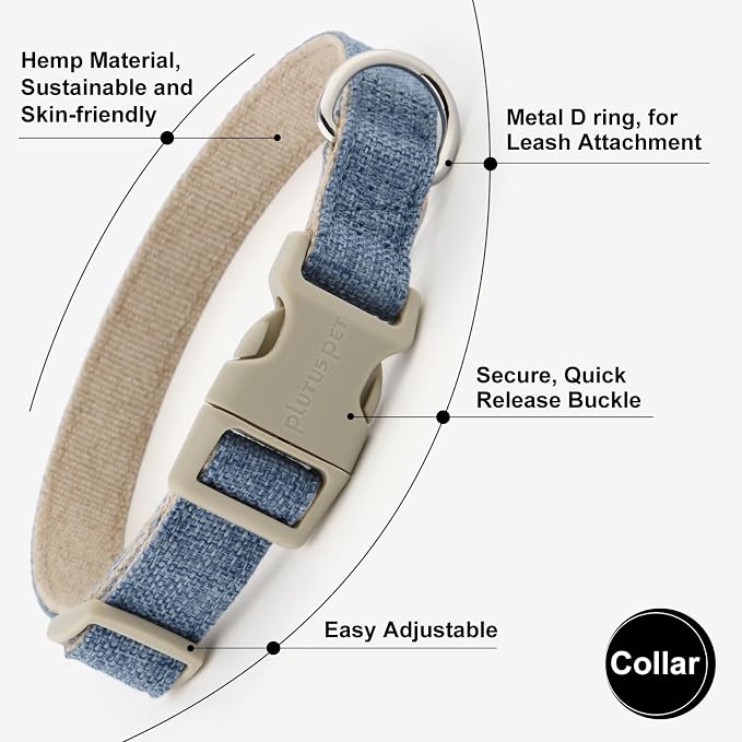 Plutus Pet Cotton Hemp Dog Collar and Leash Set, Adjustable Collar for Small, Medium, and Large Dogs, Heavy Duty and Soft on Skin, Haze Blue, XS