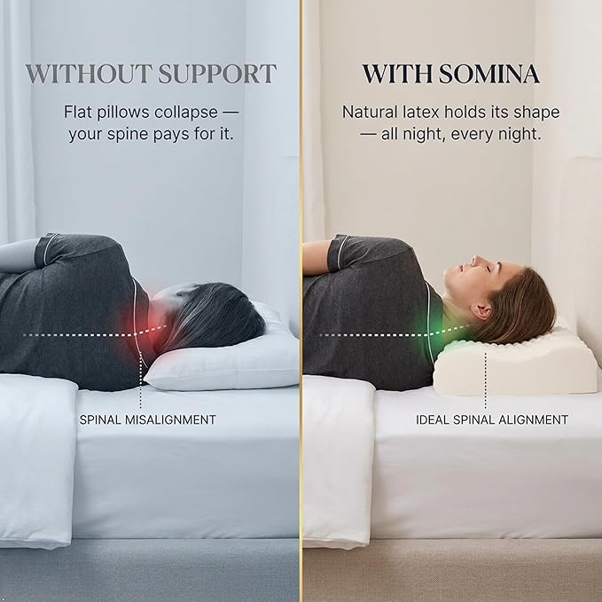 Somina Natural Latex Pillow — 100% Pure Vietnam Latex Cervical Pillow for Side & Back Sleepers, Dual-Height 4.7"/3.9" Flip, Wave-Ridge Surface, Premium Gift Box for Father's Day