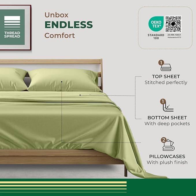 THREAD SPREAD 100% Organic Cotton Sheets King Size - 4 PC Organic Cotton King Percale Weave Sheet Set, Soft, Cooling, Crisp & Breathable, 16" Deep Pocket Hotel Quality Bedding Set - Sage Green