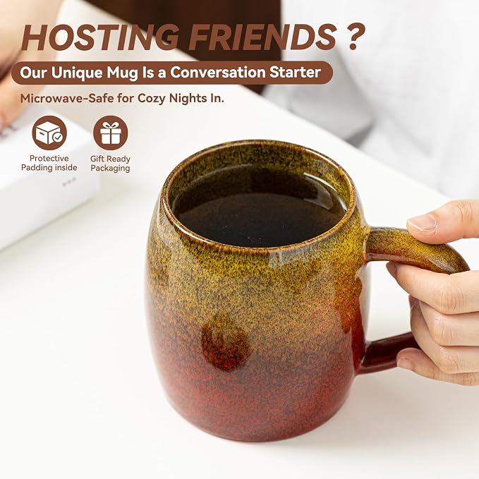 Handmade 22oz Ceramic Coffee Mug, Ergonomic Large Handle, Ideal Gift for Coffee Lovers, Microwave & Dishwasher Safe (Minute-Yellow&Red)