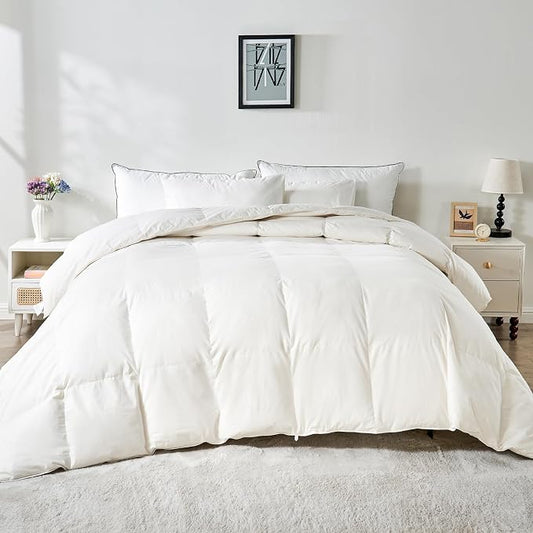 100% Organic Cotton Feather & Down Fibers Comforter Queen Size, All-Season Hotel-Style Hypoallergenic Duvet Insert, Ivory White 90x90 Inch