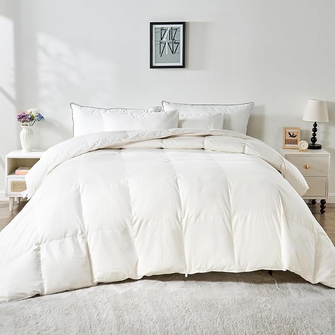 100% Organic Cotton Feather & Down Fibers Comforter California King, All-Season Hotel-Style Hypoallergenic Duvet Insert, Ivory White 104x96 Inch