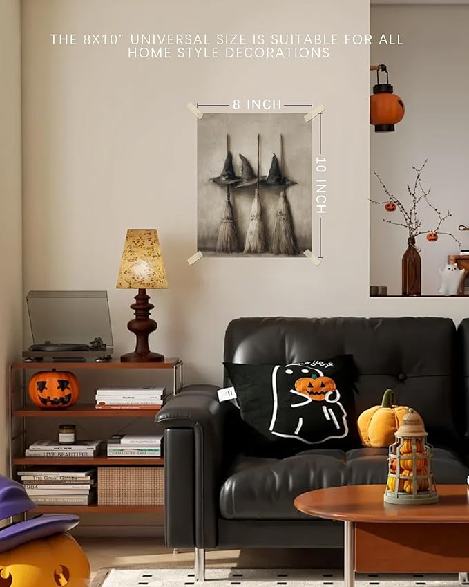 Vodefoad Vintage Witch Hats and Brooms Print, Spooky Gothic Halloween Decor, Halloween Home Decor Wall Art, Retro Moody Halloween Wall Art for Gallery, Living Room, Bathroom, Bedroom,Holiday Gift - 8x10Inch Unframe