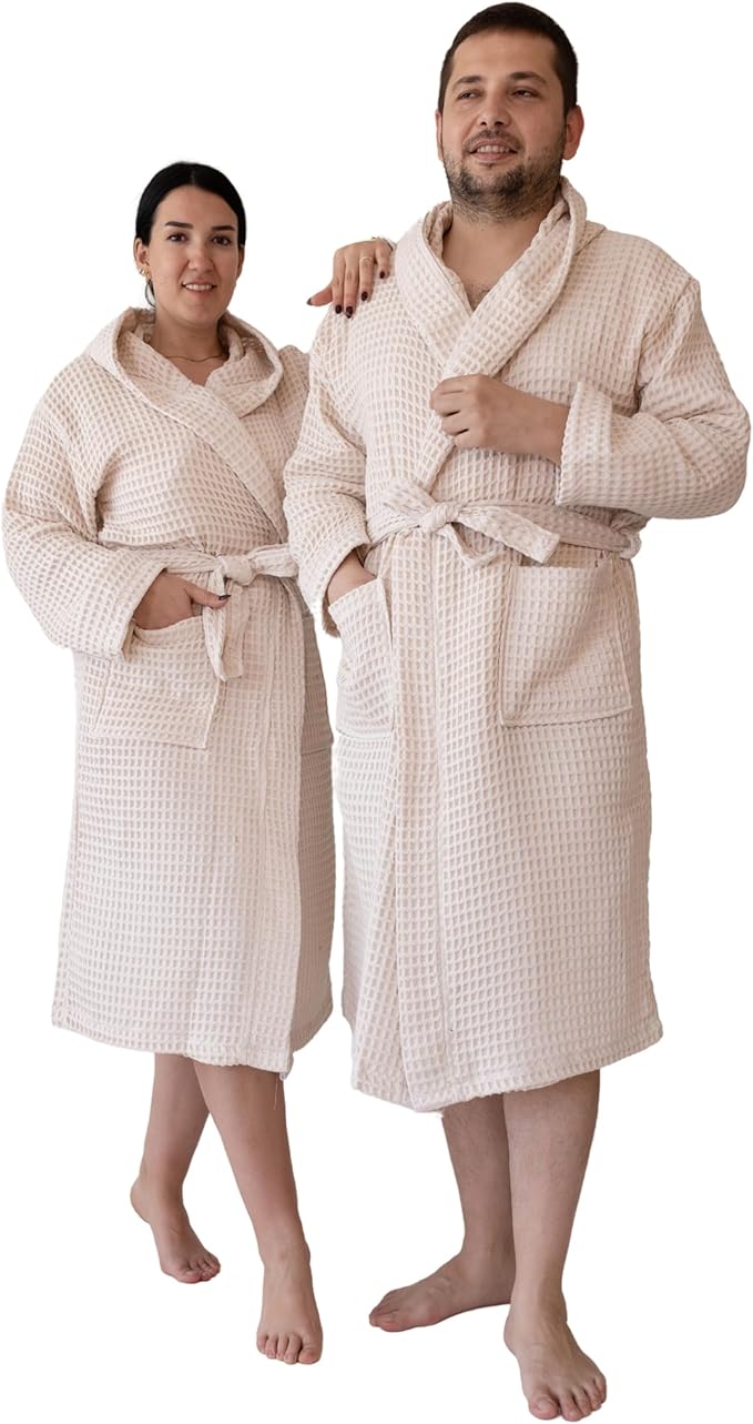 Unisex Hooded Waffle Robe for Women & Men 100% Turkish Cotton | Quick-Dry Bathrobe | Cozy Housecoat for Lounging