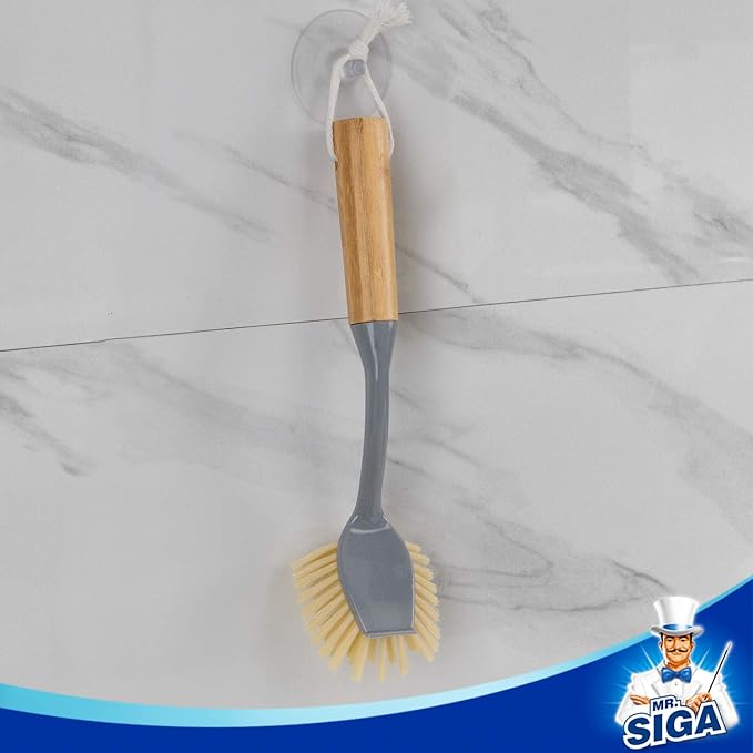 MR.SIGA Dish Brush with Long Bamboo Handle Built-in Scraper, Scrub Brush for Pans, Pots, Kitchen Sink Cleaning, Pack of 2