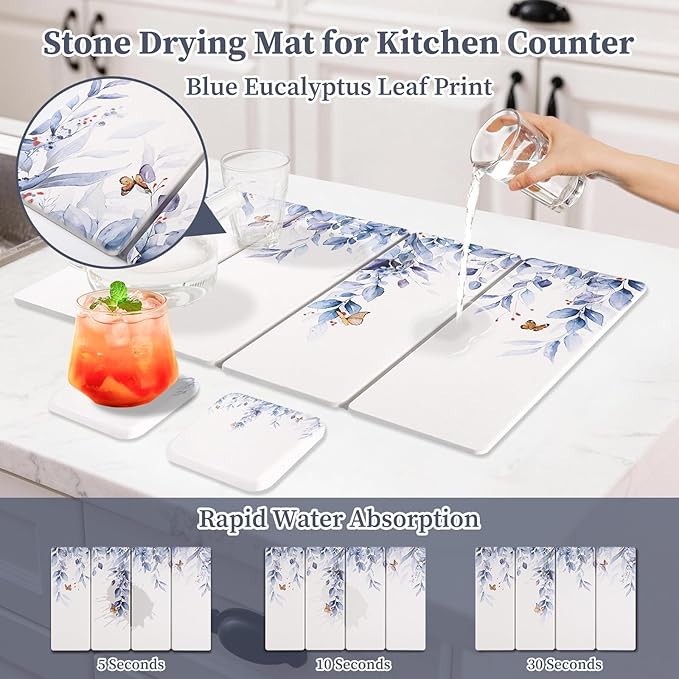 Large Stone Dish Drying Mat for Kitchen Counter, 24"×16" Quick Dry Dishes Mats, Foldable Diatomaceous Earth Drying Organizer Pad Water Absorbing for Plate Bottles Utensils