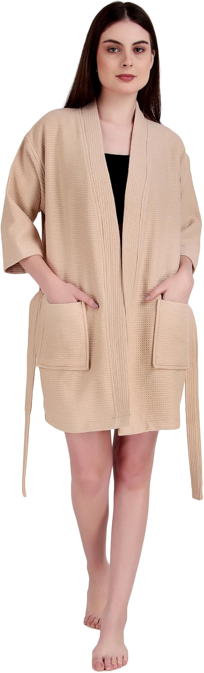 ALLEN & MATE 100% Cotton Women's Short Robe Dual Fabric Waffle Outside & Terry Towel Inside Kimono Bathrobe Medium Weight