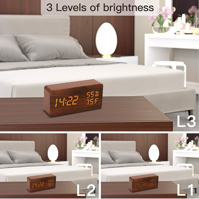 Digital Alarm Clock, LED Adjustable Brightness Voice Control Desk Wooden Alarm Clock with Day/Date/Temperature and Humidity USB/Battery Powered for School Home Office Kids