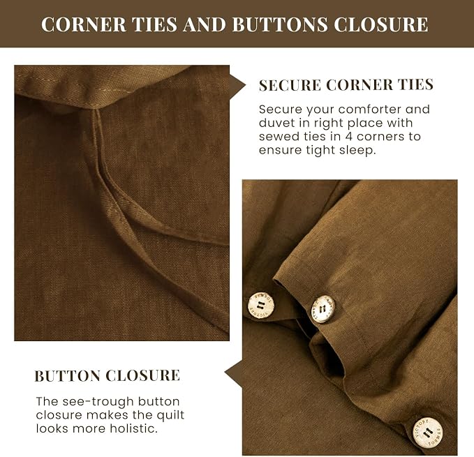 S VICTORY SYMBOL 100% Organic Linen Duvet Cover Set 3Pcs King Size,Natural French Washed Flax Bedding (1 Comforter Cover and 2 Pillowcases) with Coconut Button Closure,Pinecone Brown