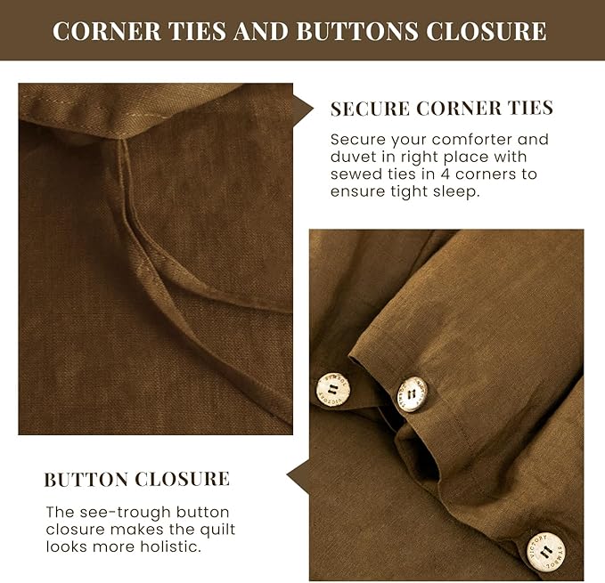 S VICTORY SYMBOL Pure Linen Duvet Cover Set 3pcs,Natural French Washed Flax Solid Color Breathable(1 Duvet Cover and 2 Pillowcases) with Coconut Buttons Closure(Full,Pinecone Brown)