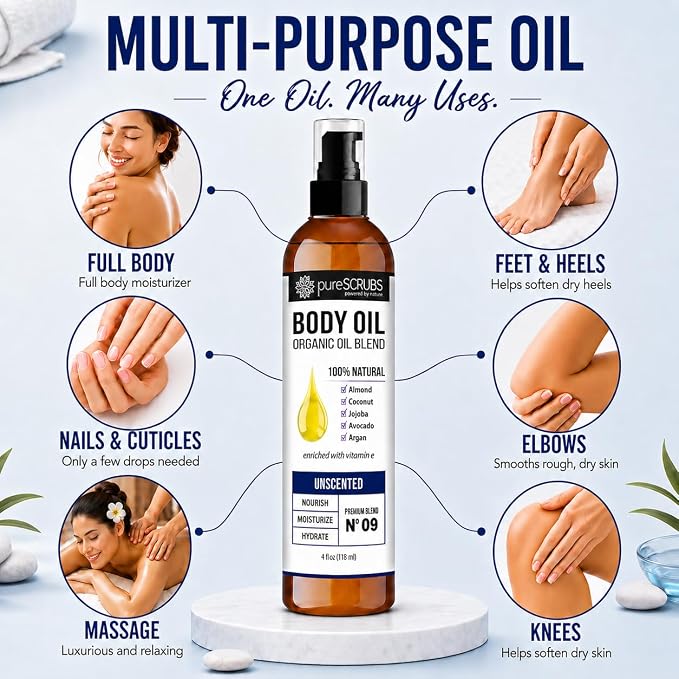 pureSCRUBS Ultra Moisturizing Unscented Body Oil for Dry Skin, 4 oz | Fragrance Free, After Shower Body Oil for Buttery Soft Glowing Skin, Non-Greasy Vitamin E Blend for Bath, Massage & Cuticles