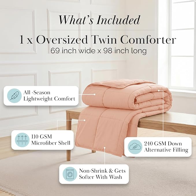 Southshore Fine Living, Inc. Pink Comforter, Twin Size Bedding Comforters, Cozy, Down Alternative Fluffy Comforter, Machine Washable Twin XL Comforters, Pet Hair Resistant Bedding, Blush