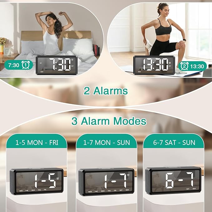 ORIA Wooden Digital Alarm Clock, LED Mirror Desk Clock with Dual Alarms, Snooze, Adjustable Brightness & Volume, Week, DST, for Bedroom Bedside Office