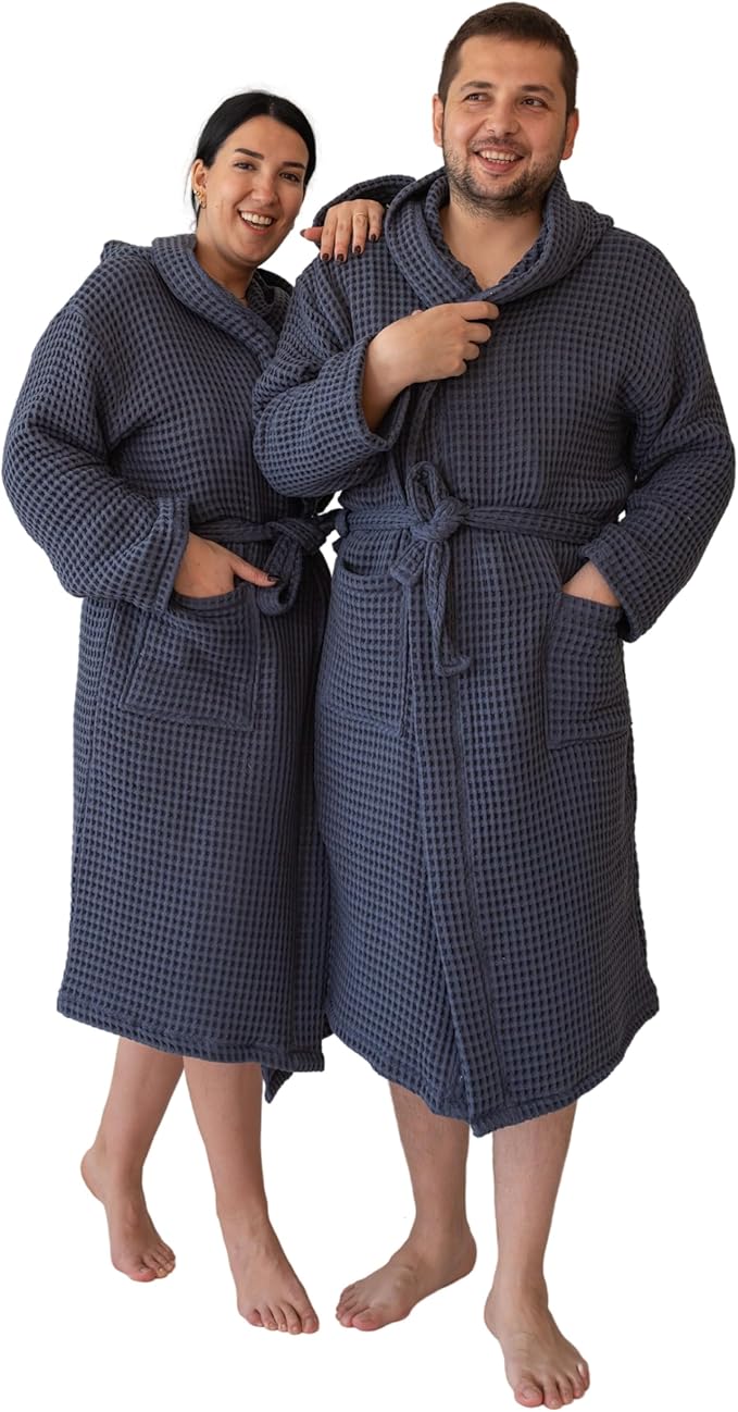 Unisex Hooded Waffle Robe for Women & Men 100% Turkish Cotton | Quick-Dry Bathrobe | Cozy Housecoat for Lounging