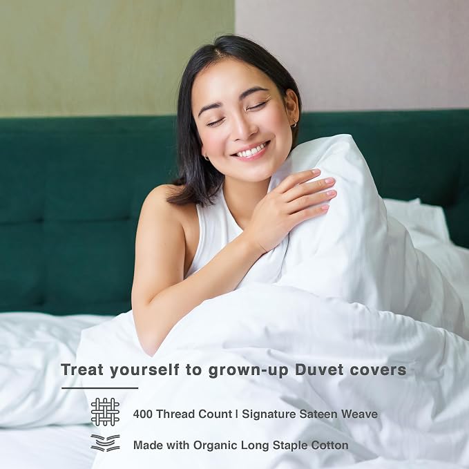 Fabdreams GOTS Certified 100% Organic Cotton Duvet Cover Queen Size - 400 TC Sateen - Soft - Silky - Zipper Closure - Edge Ties - 1 Duvet Cover (90"x92") + 2 Pillow Shams (20"x26") - White, 3 Piece