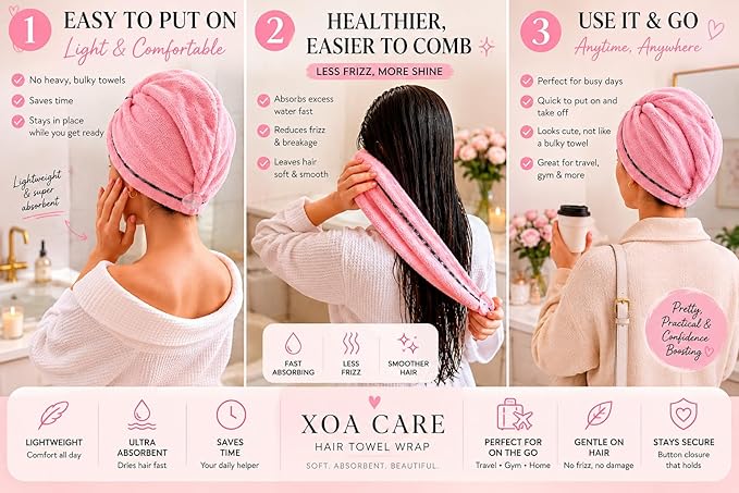 Luxury Microfiber Hair Towel Wrap for Women – Quick Dry, Anti-Frizz, Lightweight, Soft Hair Turban for Wet Hair (Pink)