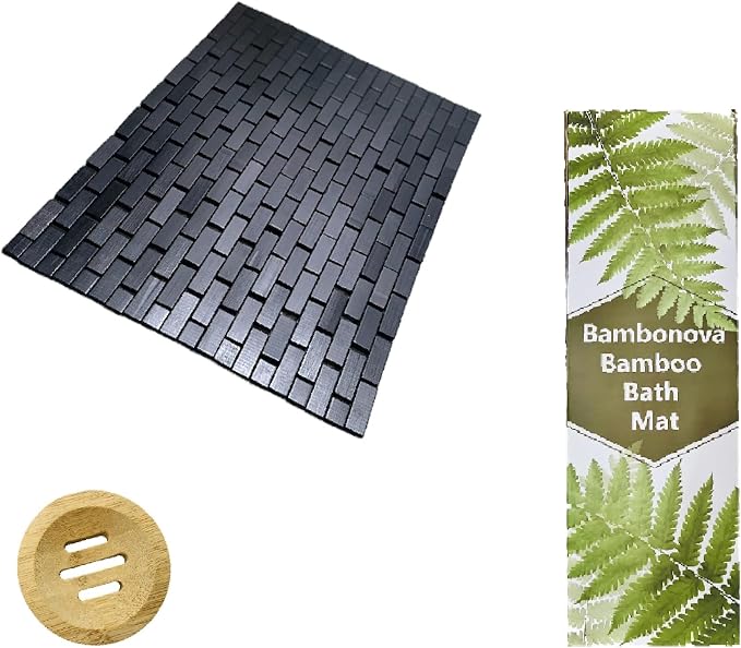 Bamboo Bath Mat Black 24 x 16 Inches and Soap Dish Set Bathroom Rugs Non Slip Washable Bamboo Shower Mat Bathtub Mat Non Slip for Kitchen Sauna Spa Hot Tub Outdoor Bathroom Décor