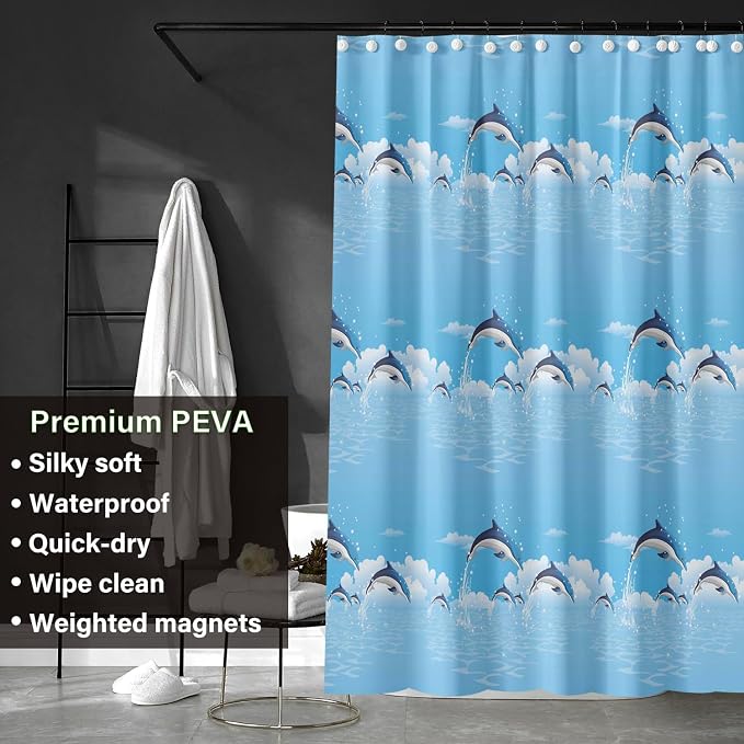 Plastic Shower Liner - Premium PEVA 6G Shower Curtain Liner with Rustproof Grommets and 3 Weighted Magnets, Waterproof Shower Curtain for Bathroom(Blue Dolphin, 72”*72”)