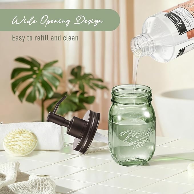 SheeChung Mason Jar Green Glass Soap Dispenser, Stainless Steel Pump, Refillable Dish soap Dispenser for Kitchen, 16Oz Bathroom Hand Soap Dispenser for Lotion, Liquid, Farmhouse Decor-Bronze, 2 Pack