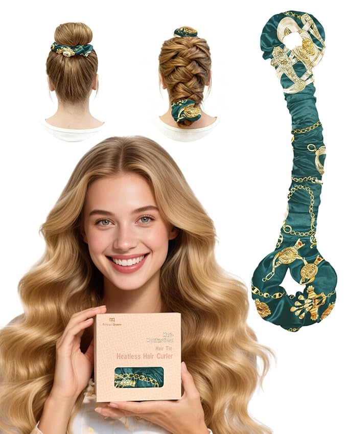 BONNET QUEEN Multi-function Satin Heatless Hair Curler & Hair Tie Non-Heating Hair Roller Curling Rod with Scrunchie, Large, DarkGreen(For Big Curls)
