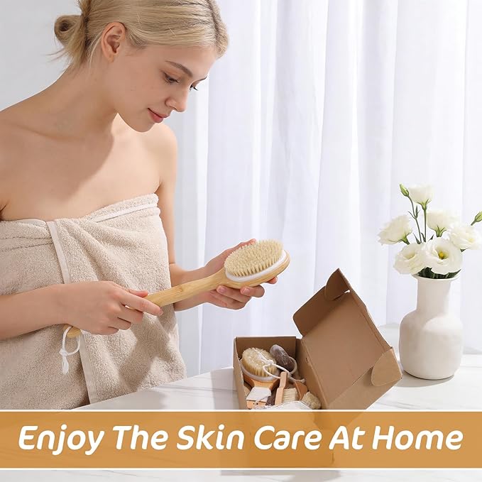6PCS Dry Brushing Body Brush Set, Long Handle Dry Brush for Lymphatic Drainage Cellulite Treatment, Wooden Bristle Face Scrub Brush with Pumice Stone, Bath Brushing Exfoliating Back Brushes