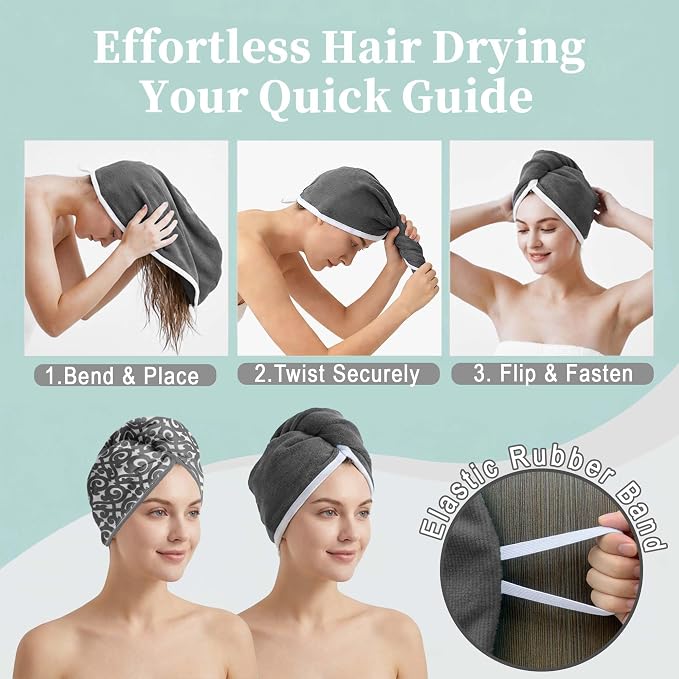 VOOVA & MOVAS Dark Gray Microfiber Hair Towel, 2-Pack Button-Free Elastic Loop Hair Turban, Ultra Soft Quick Dry Hair Wrap, Highly Absorbent Anti Frizz Towel