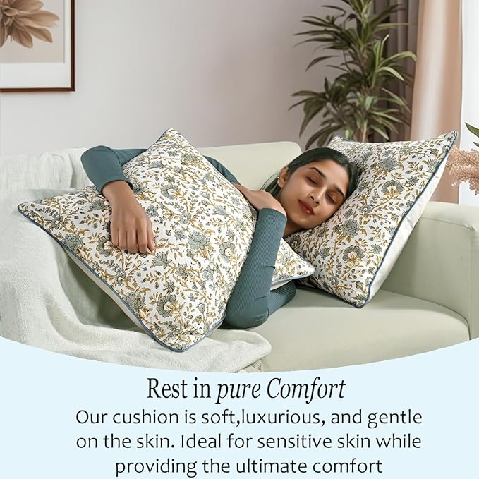 CPC Vintage Garden Blue Block Print Throw Cushion Cover 20 x 20 Inch Set 2 - Decorative Boho Floral Pillow Case for Living Room, Bed, Sofa, Couch, Home Decor Gift for Spring, Mother's Day