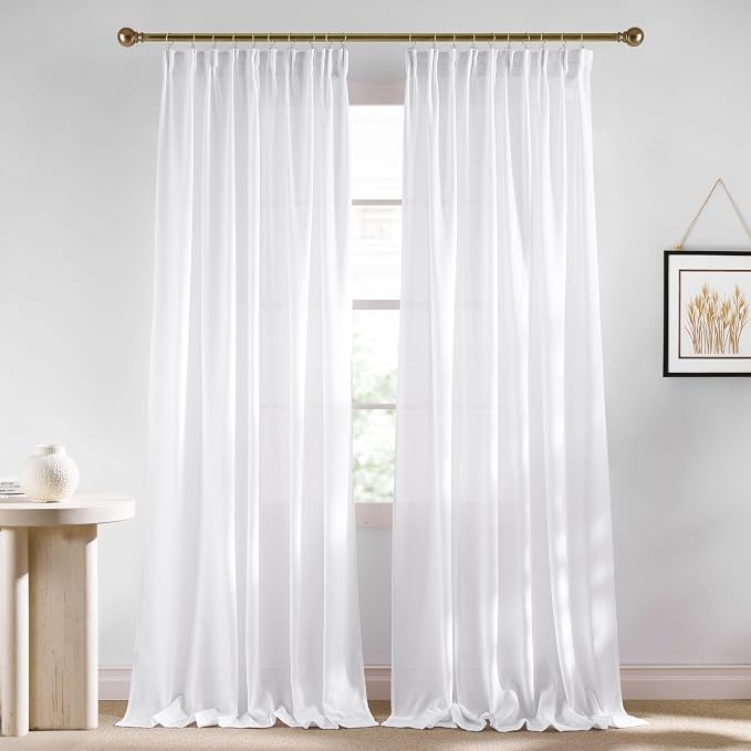 NICETOWN White Linen 120 inch Curtains, Back Tab/Rod Pocket with Pleat Tape Privacy Added with Light Filtering Semi Sheer Window Treatments for Living Room, W52 x L120, 2 Panels