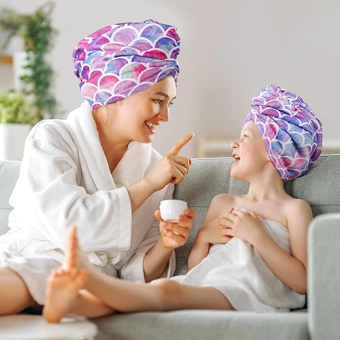 MADHOLLY Fast Drying Microfiber Hair Towel for Kids Women - 2 Packs Soft Super Absorbent Hair Towel Wrap with Button, Anti-Frizz Turban for Thicker Curly Long Hair, Mermaid Gift for Girls