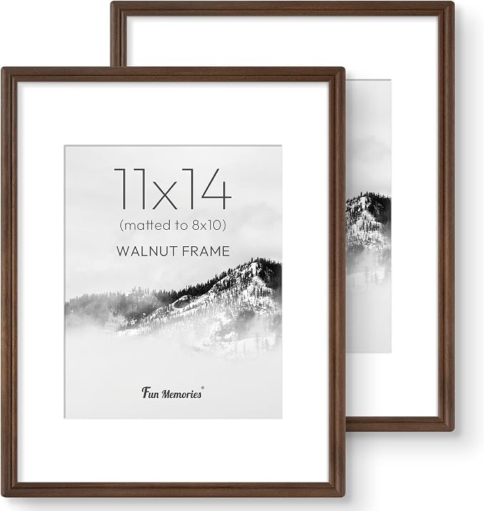 11x14 Picture Frame with Mat for 8x10, USA-Sourced Walnut Wood Handcrafted Rounded Corner with HD Tempered Glass, 11 x 14 Photo Frames Gallery Wall & Tabletop, Vertically or Horizontally, 2 Pack