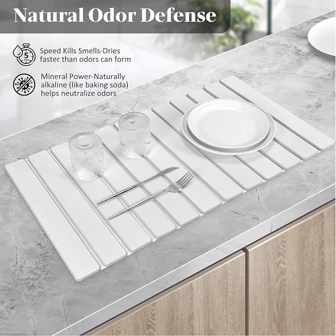 Large Stone Dish Drying Mat for Kitchen Counter, Foldable Quick Drying Dish Mats, Ultra Absorbent Diatomaceous Earth Mats for Dishes Bottles Cups, Match Any Countertop (White 24"×16" & 8"x4")