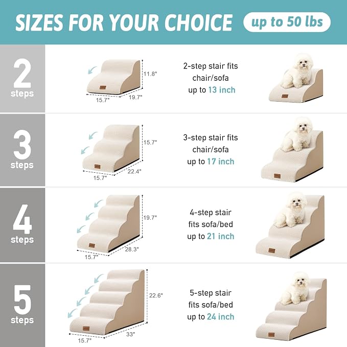 COZY KISS Dog Stairs for Small Dog 22.6" H, Curved Pet Step for Puppy, Older Cat, Medium Pet Ramp for High Bed, Ladder with High Density Foam, Durable, 5 Step, 15.7x33x22.6 inch, Beige