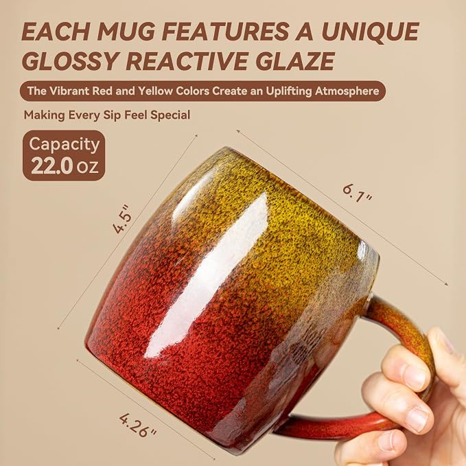 Handmade 22oz Ceramic Coffee Mug, Ergonomic Large Handle, Ideal Gift for Coffee Lovers, Microwave & Dishwasher Safe (Minute-Yellow&Red)