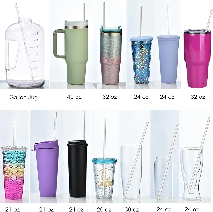 ALINK 12-Pack Reusable Glitter Straws, 13 in Extra Long Hard Plastic Clear Tumbler Straws for Stanley Owala 40 oz Tumbler, 1 Gallon Jug, 64/32 oz Tall Bottles, Starbucks with Brush