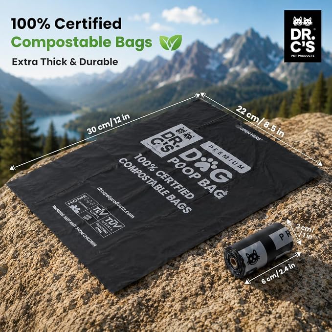 100% Certified Compostable Dog Poop Bags - Dr. C's Premium Dog Poop Bags - 120 Bags / 8 Rolls, Extra thick, Leak Proof, Unscented, Plant Based, Earth Friendly and USA Owned