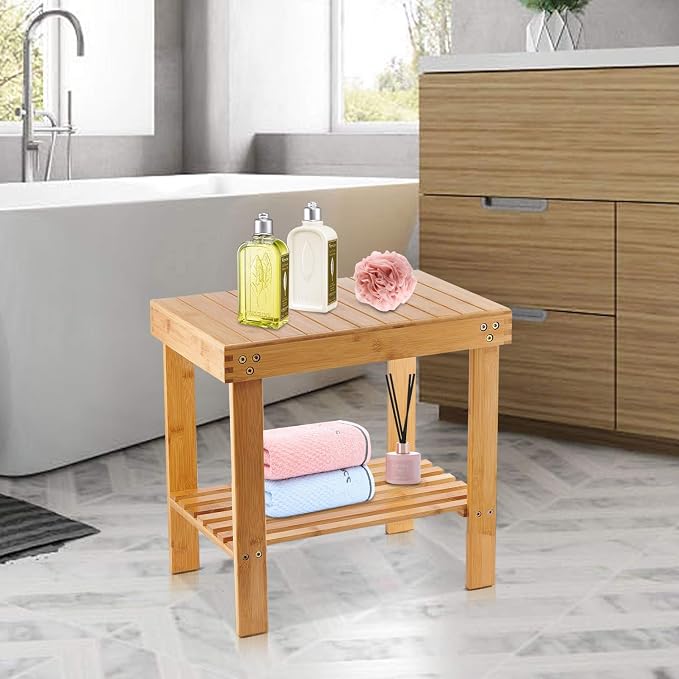 VaeFae Bamboo Shower Bench and Teak Shower Mat Bundle