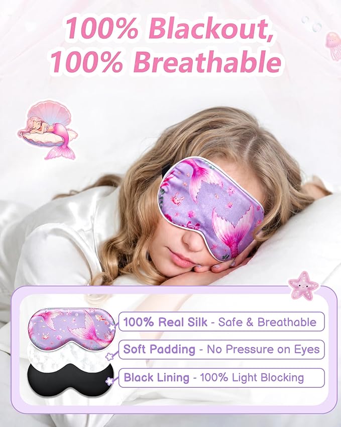 BeeVines Kids 100% Real Mulberry Silk Sleep Mask 2 Pack, Original Design Pure Silk Sleeping Eye Masks for Girls, Skin-friendly Blackout Eye Cover, Adjustable Strap, Reduce Puffy Eyes, for Travel Gifts