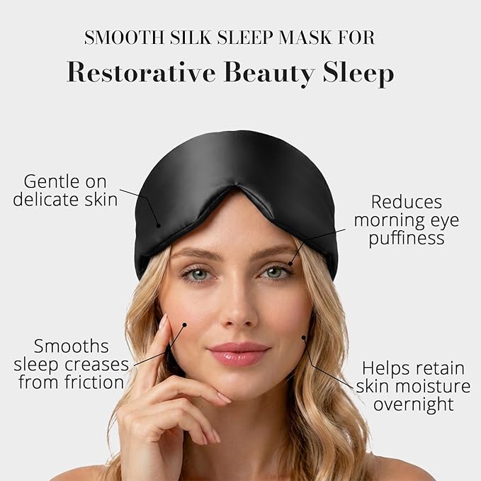 22 Momme Pure Mulberry Silk Sleep Mask, 3D Contoured Cup Eye Mask for Sleeping, Super Soft Breathable Blindfold with Adjustable Strap, Perfect Blocks Light for All Night Sleep, Black