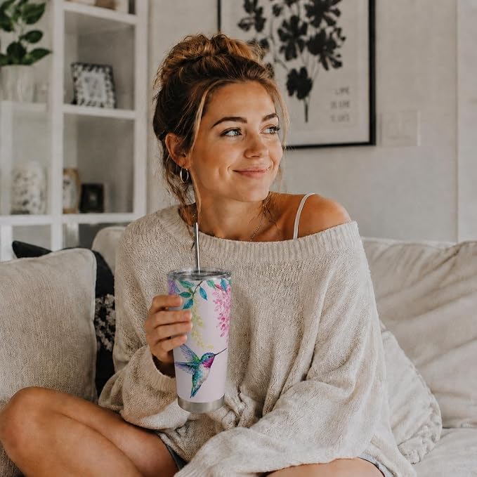 Hummingbird Insulated Tumble, 20oz Stainless Steel Coffee Travel Mug with Lid & Straw, Cute Vacuum Wine Cup, Gift for Women, Girls, Birthday, Christmas and Thanksgiving