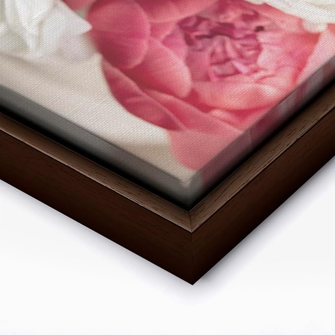 Monem Art Pink Peony Floral Macro Photography Print - Romantic Flower Art Poster - Wall Decor for Living Room, Bedroom or Office - 24x32 Brown Framed CANVAS Wall Art by Mareike Bohmer
