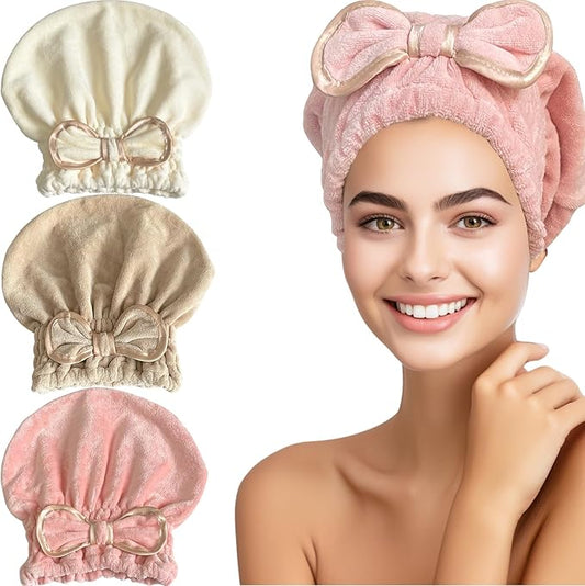 Jseng Microfiber Hair Towel Caps, 3 Packs, Fast Drying, Cute Bowtie Design, Cream, Khaki, Pink, Women & Girls Aged 14 And Above
