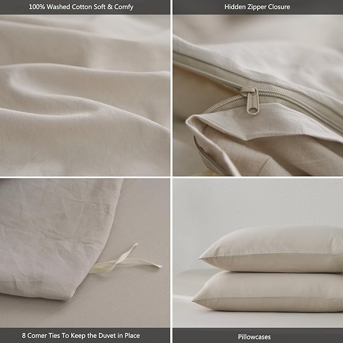 MooMee King Duvet Cover Set, 100% Washed Cotton Linen Like Twill Thick Sturdy Material Super Soft Breathable Durable Bedding for All Season, 3 Pieces (Cream Grey, King 104"x90")