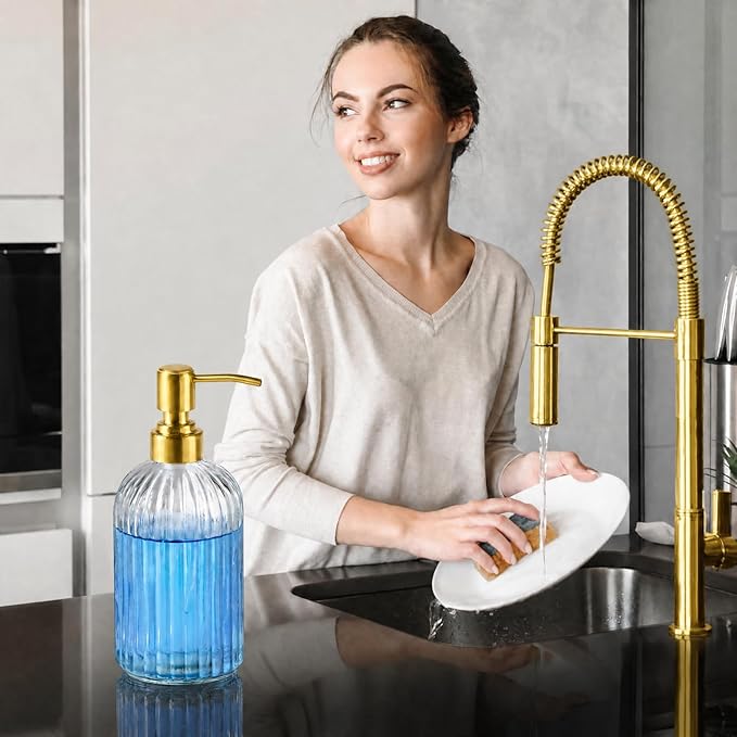 2 Pack Clear Glass Hand Soap Dispenser Set 18oz Bottle with Golden 304 Rustproof Stainless Steel Pump for Kitchen and Bathroom