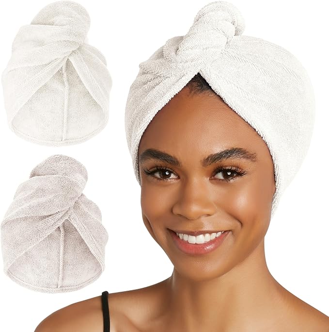 Turbie Twist 2-Pack Microfiber Hair Towel for Beauty, Travel, Gifting - Wrap Turban for Straight, Wavy & Curly Hair - Premium Personal Care - Antique White & Moonbeam