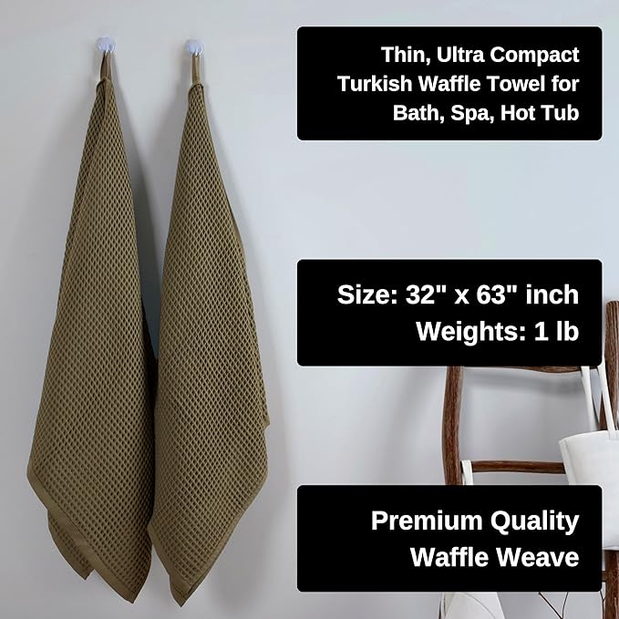 PÜSKÜL Pack of 2 Waffle Bath & Spa Towels - Premium 100% Turkish Organic Cotton - Quick Dry Thin Bath Towel for Bathroom - Made in Turkey (Khaki Green, 32x63 inch)